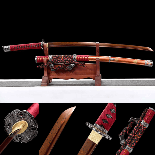 Damascus Steel Tachi-Handmade Japanese samurai sword with red scabbard and Alloy Fittings HW