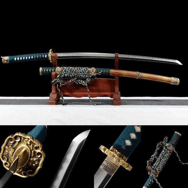 Damascus Steel with Hamon Tachi-Handmade Japanese samurai sword with brown scabbard and Copper Fittings HW