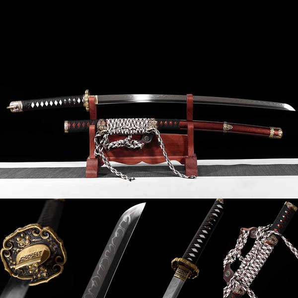 1095 Clay-tempered  Steel with Hamon Tachi-Handmade Japanese samurai sword with dark red scabbard and Copper Fittings HW