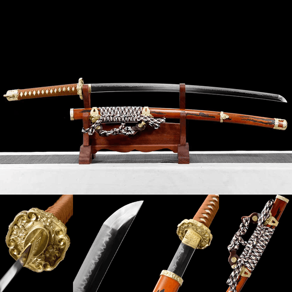 1095 Clay-tempered  Steel with Hamon Tachi-Handmade Japanese samurai sword with wooden scabbard and Copper Fittings HW