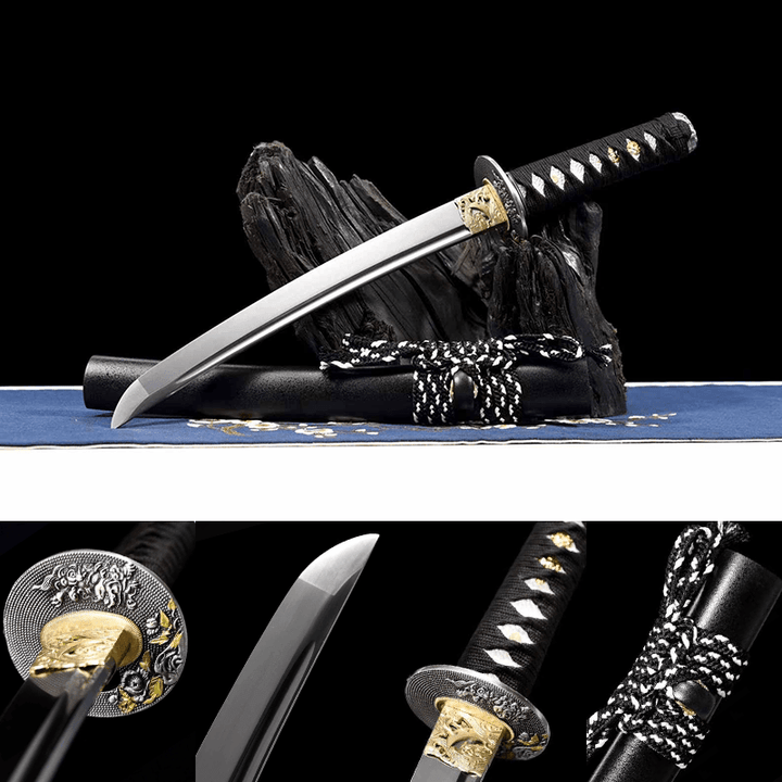 1060 Carbon steel Tanto-Handmade Japanese samurai sword with Black scabbard and Alloy Fittings HW