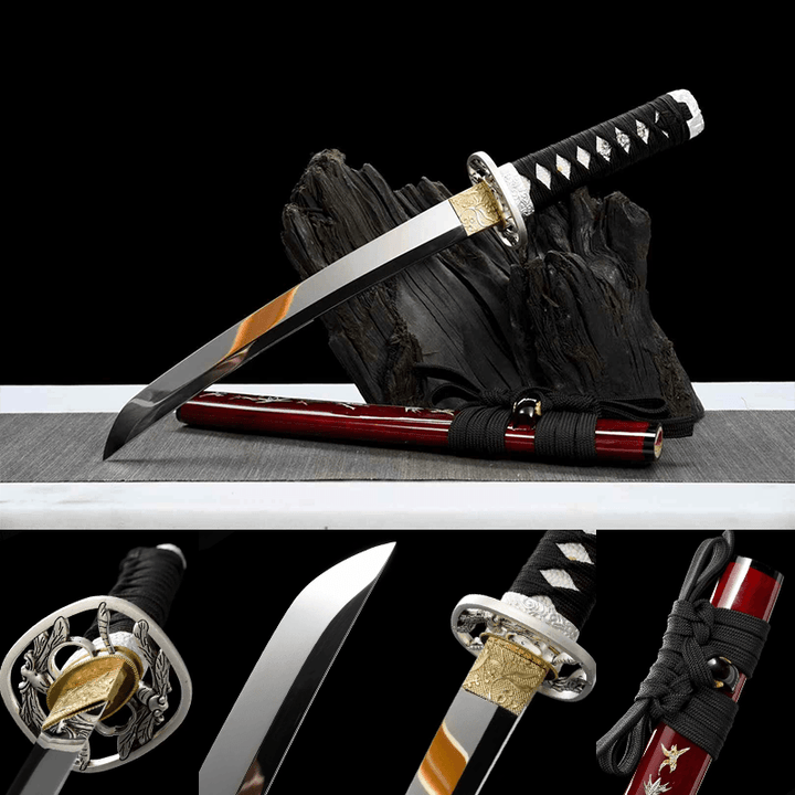 1060 Carbon steel Tanto-Handmade Japanese samurai sword with Red scabbard and Alloy Fittings HW