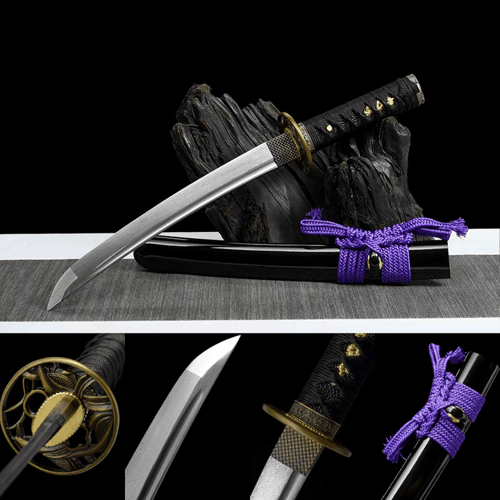 Damascus steel Tanto-Handmade Japanese samurai sword with Black scabbard and Copper Fittings HW