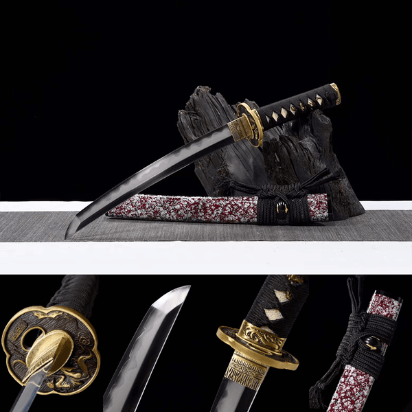 Sanmai Damascus steel with Hamon Tanto-Handmade Japanese samurai sword with Whtie and Red scabbard and Copper Fittings HW