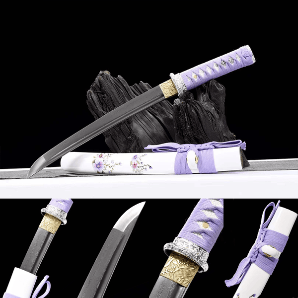 Damascus steel Tanto-Handmade Japanese samurai sword with White scabbard and Alloy Fittings HW