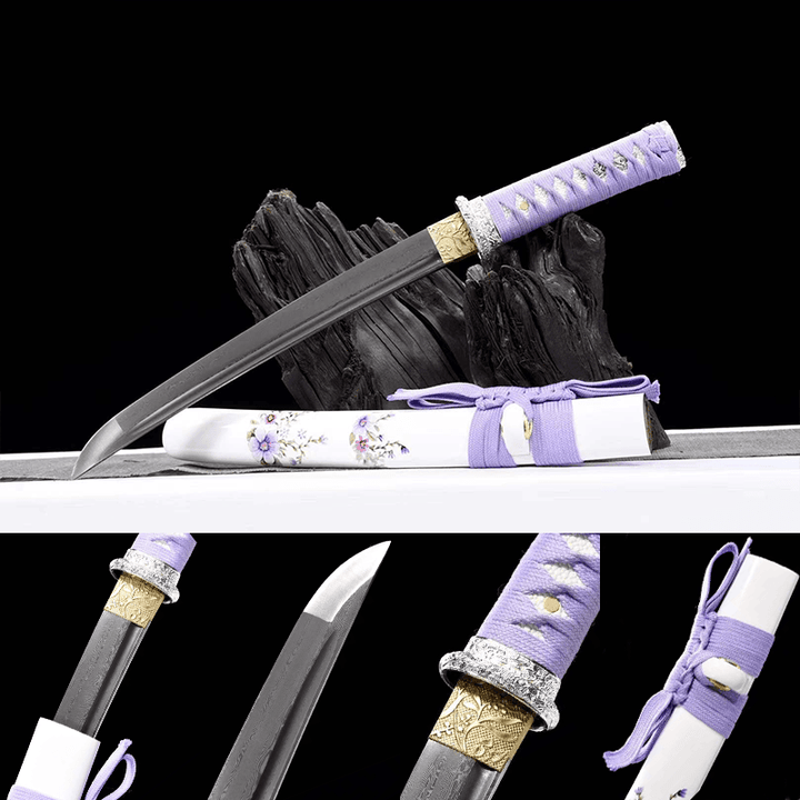 Damascus steel Tanto-Handmade Japanese samurai sword with White scabbard and Alloy Fittings HW
