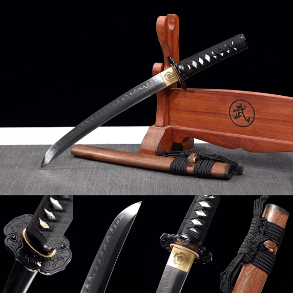 1095 Carbon steel with Hamon Tanto-Handmade Japanese samurai sword with Wooden scabbard and Iron Fittings HW