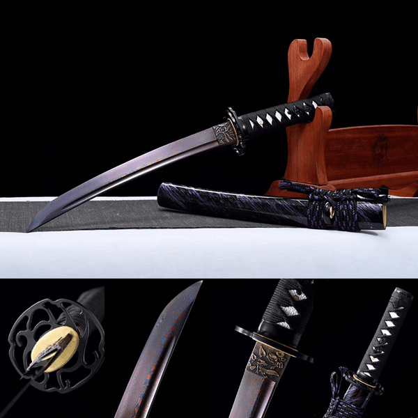 Damascus steel purple blade Tanto-Handmade Japanese samurai sword with purple scabbard and Iron Fittings HW