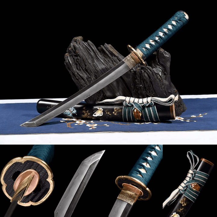 Sanmai damascus steel with Hamon Tanto-Handmade Japanese samurai sword with Black scabbard and Copper Fittings HW