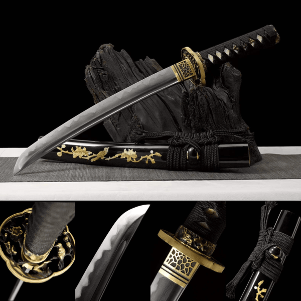 Damasucus steel with Hamon Tanto-Handmade Japanese samurai sword with Black scabbard and Copper Fittings HW