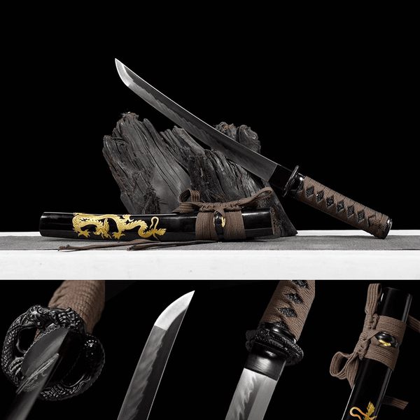1095 Carbon steel with Hamon Tanto-Handmade Japanese samurai sword with Black Dragon scabbard and Iron Fittings HW