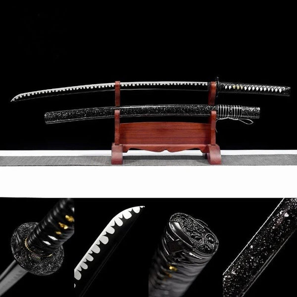 handmade Japanese katana with a black snowflake scabbard, made from 1095 steel